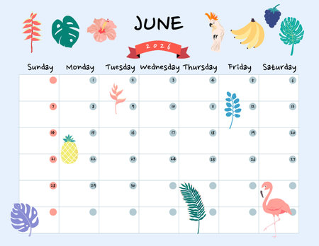 June 2026 table calendar week start on Sunday with holiday theme that use for horizontal digital and printable letter sizeのイラスト素材