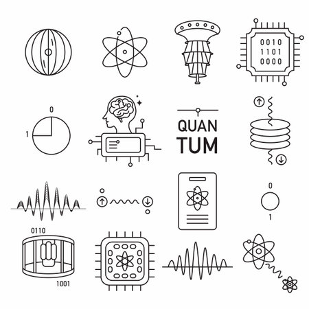 Quantum technology line icon with quantum computing,chip, atom, wave, internet,securityのイラスト素材