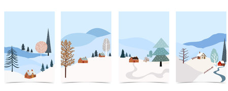 Winter background with house, pine tree in forest for Merry Christmas and happy new year invitation cardのイラスト素材
