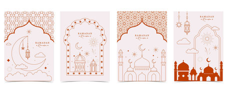 Abstract elegant Ramadan Poster collection with Islamic lantern,moon,star with Line Art deco styleのイラスト素材