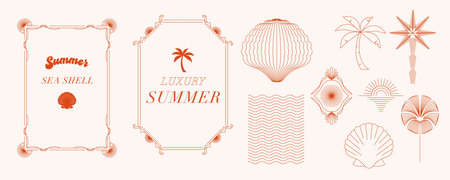 Art Deco Summer Line Icon Set with Palm Trees, sea shell and sea Beach Elements for luxury design