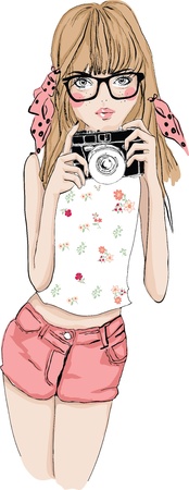 illustration cute girl with cameraのイラスト素材