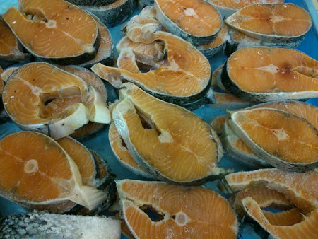 A group of fresh Norwegian salmonの素材