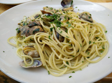 Spaghetti with clams and parsleyの写真素材