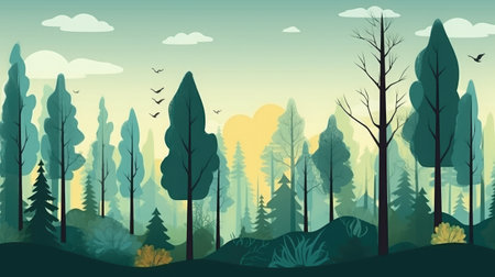 Forest landscape background with trees, bushes and birds, illustration in cartoon styleの素材