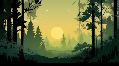 Sunset in the forest, illustration in cartoon styleの素材