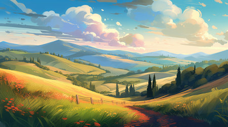Landscape with meadow, illustration in cartoon styleの素材