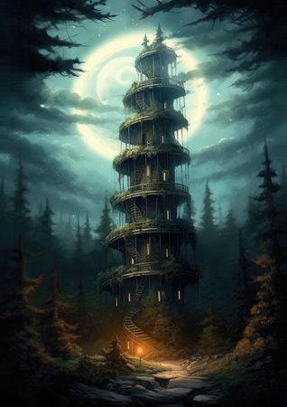 Spiral tower in the forest at nightの素材