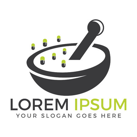 Pharmacy medical logo. Natural mortar, pestle and capsule logo.のイラスト素材