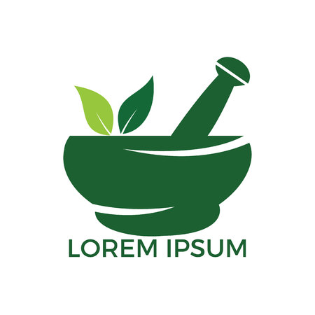 Pharmacy medical logo design. Natural mortar and pestle logotype, medicine herbal illustration symbol icon vector design.のイラスト素材