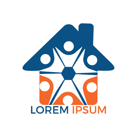 Colorful house icon with abstract happy human silhouette. Health center home care real estate apartments or hotel icon kindergarten or preschool design concept.のイラスト素材