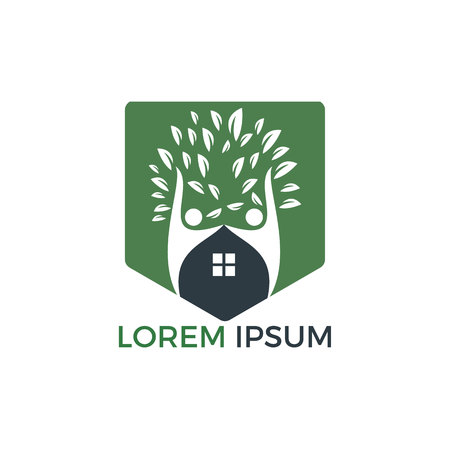 House and people logo design. Tree House and joyful people vector logo template.のイラスト素材