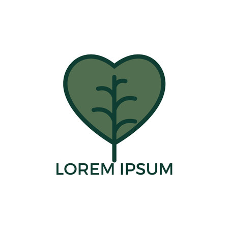 Tree heart logo design. Love nature creative logo design template. Simple green leaf and heart shape symbol.のイラスト素材