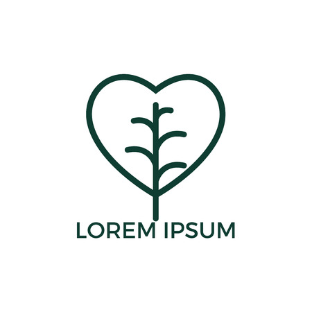 Tree heart logo design. Love nature creative logo design template. Simple green leaf and heart shape symbol.のイラスト素材