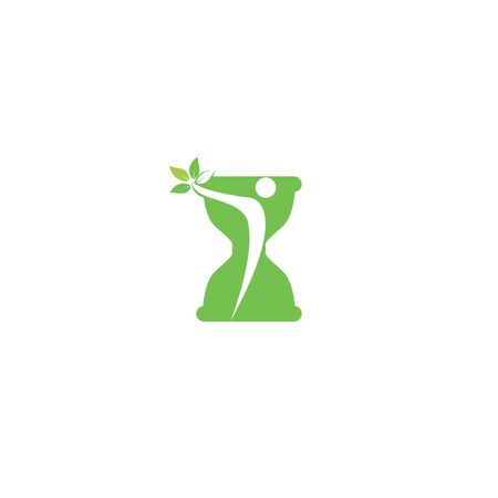 Hourglass and Human character logo design. Sand glass with healthy man icon vector design.