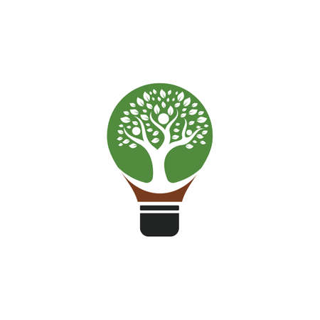 Bulb lamp and people tree design. Human health and care design. Nature idea innovation symbol.のイラスト素材