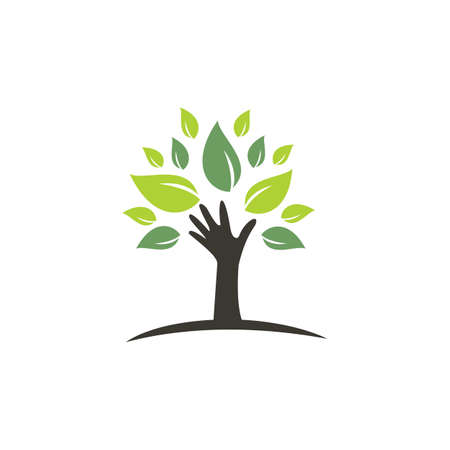 Creative green hand tree logo design. Natural products logo. Cosmetics icon. Spa logo. Beauty salon or yoga logo.のイラスト素材