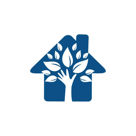 Creative green hand tree and house logo design. Natural home care logo. Spa logo. Beauty salon or yoga logo.のイラスト素材