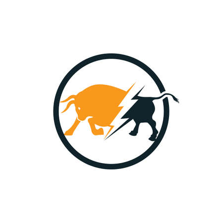 Bull with thunder logo design. Flash electric energy in bull.のイラスト素材