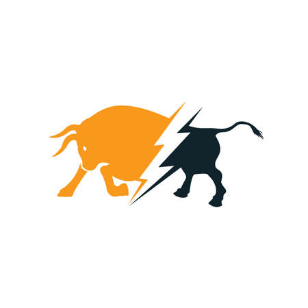 Bull with thunder logo design. Flash electric energy in bull.のイラスト素材