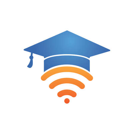 Graduate hat and wifi vector logo design. Study online logo concept.のイラスト素材