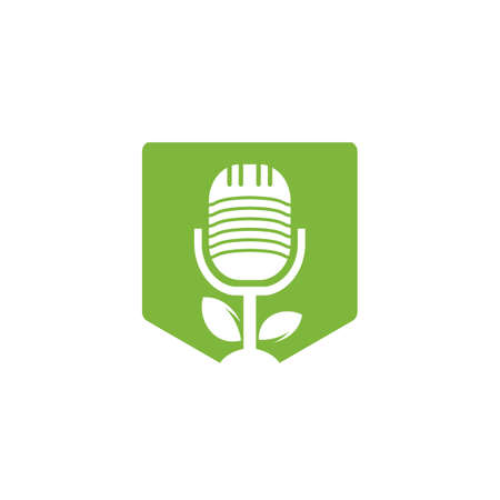 Podcast leaf nature ecology vector logo design. Podcast talk show logo with mic and leaves.のイラスト素材