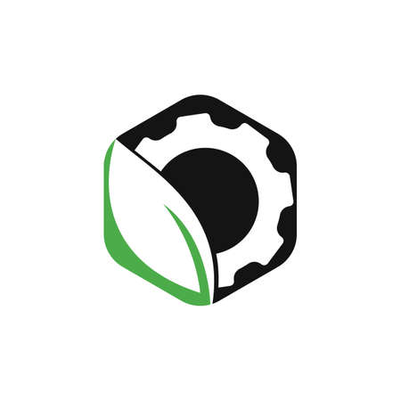 Green leaf with gear vector logo design. Mechanic and eco symbol or icon.のイラスト素材