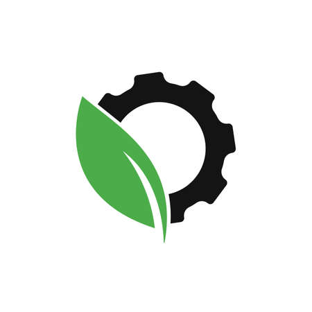 Green leaf with gear vector logo design. Mechanic and eco symbol or icon.のイラスト素材