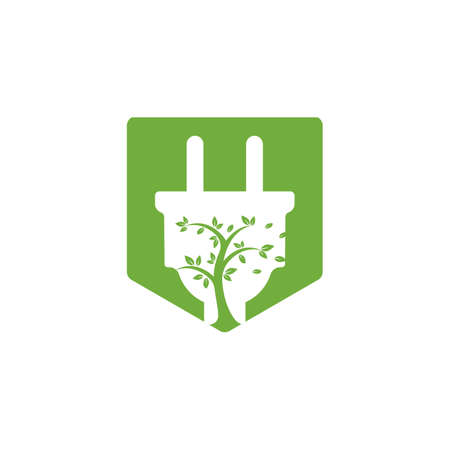 Green energy electricity logo concept. Electric plug icon with tree.のイラスト素材