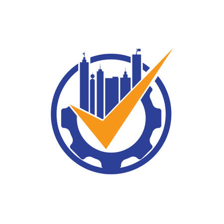 Building maintenance logo design template. Gear with skyscraper and check icon logo illustration design.のイラスト素材