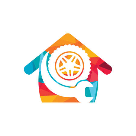 Tire repair shop vector logo design. Wrench and tire with home icon design.のイラスト素材