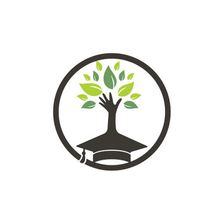 Education insurance and support logo concept. Graduation cap and hand tree icon logo.のイラスト素材