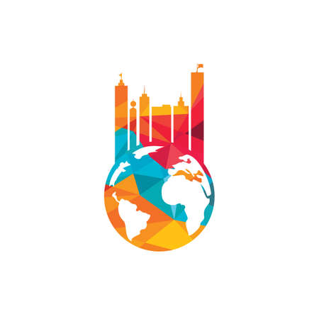 Globe city vector logo design concept. Globe and building logo design template.のイラスト素材