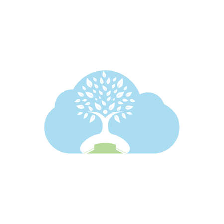 Nature call vector logo design. Handset and human tree with cloud shape icon design template.のイラスト素材