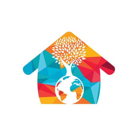 Globe tree with home vector design template. Planet and eco symbol or icon.のイラスト素材