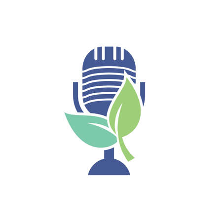 Podcast leaf nature ecology vector logo design. Podcast talk show logo with mic and leaves.のイラスト素材