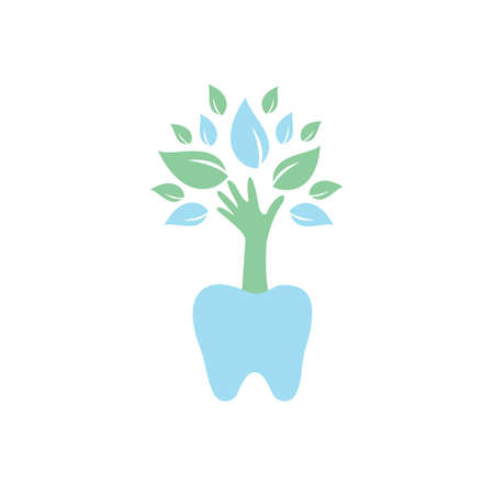 Dental care vector logo template. Teeth and hand tree icon design.のイラスト素材