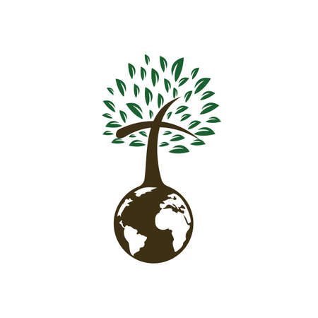 Global church vector logo design template. Globe with cross tree vector icon.のイラスト素材