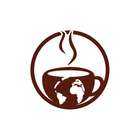 Creative Coffee cup with globe map vector logo design template.のイラスト素材