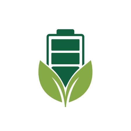 Green energy vector logo design. Green leaf and battery sign. Eco battery sign.のイラスト素材