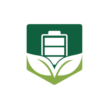Green energy vector logo design. Green leaf and battery sign. Eco battery sign.のイラスト素材