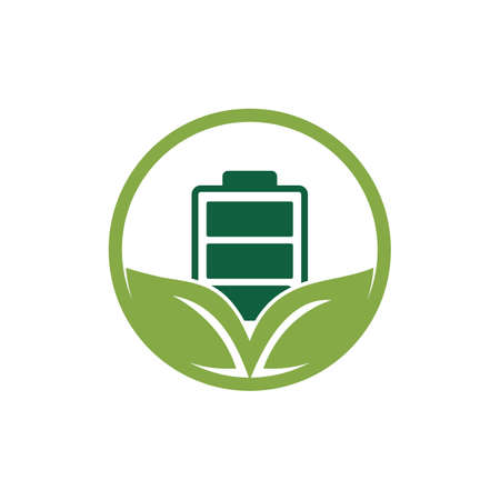 Green energy vector logo design. Green leaf and battery sign. Eco battery sign.のイラスト素材