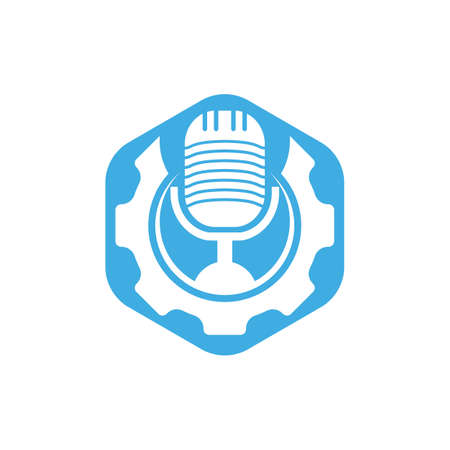 Gear podcast vector logo design template. Cog wheel and mic icon design.のイラスト素材