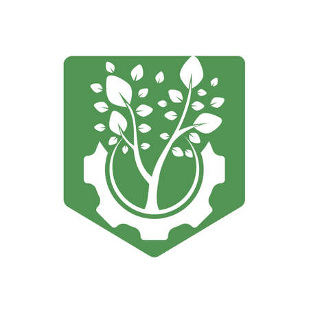 Gear tree vector logo design template. Modern nature technology logo. Green eco tech and industry logo concept.のイラスト素材