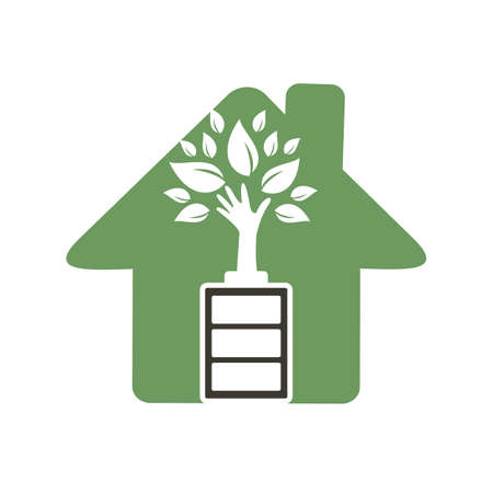 Eco nature home and battery logo template design illustration design. Green energy logo template.のイラスト素材
