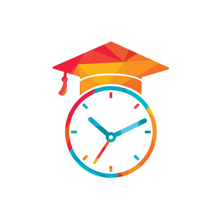 Study time vector logo design. Graduation hat with clock icon design.のイラスト素材