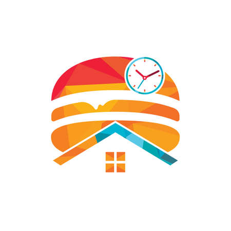 Burger time vector logo design template. Big burger with clock and house icon logo design.のイラスト素材
