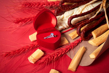 Original edible gift in the form of a bouquet consisting of sausages, smoked cheese, spicy cheese, red stalks of rye wrapped in craft paper on the red background, top view, copy space. Extraordinary marriage proposal and engagement concept. For Valentine's day, wedding cutlery, romantic dinner, declaration of love, love confession, date. Red velvet ring box, engagement brilliant ring.の写真素材
