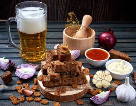 fried croutons and crackers with spices. beer snacksの写真素材