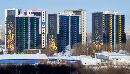 construction of new multi-storey residential buildings. floral pattern on the walls.の写真素材